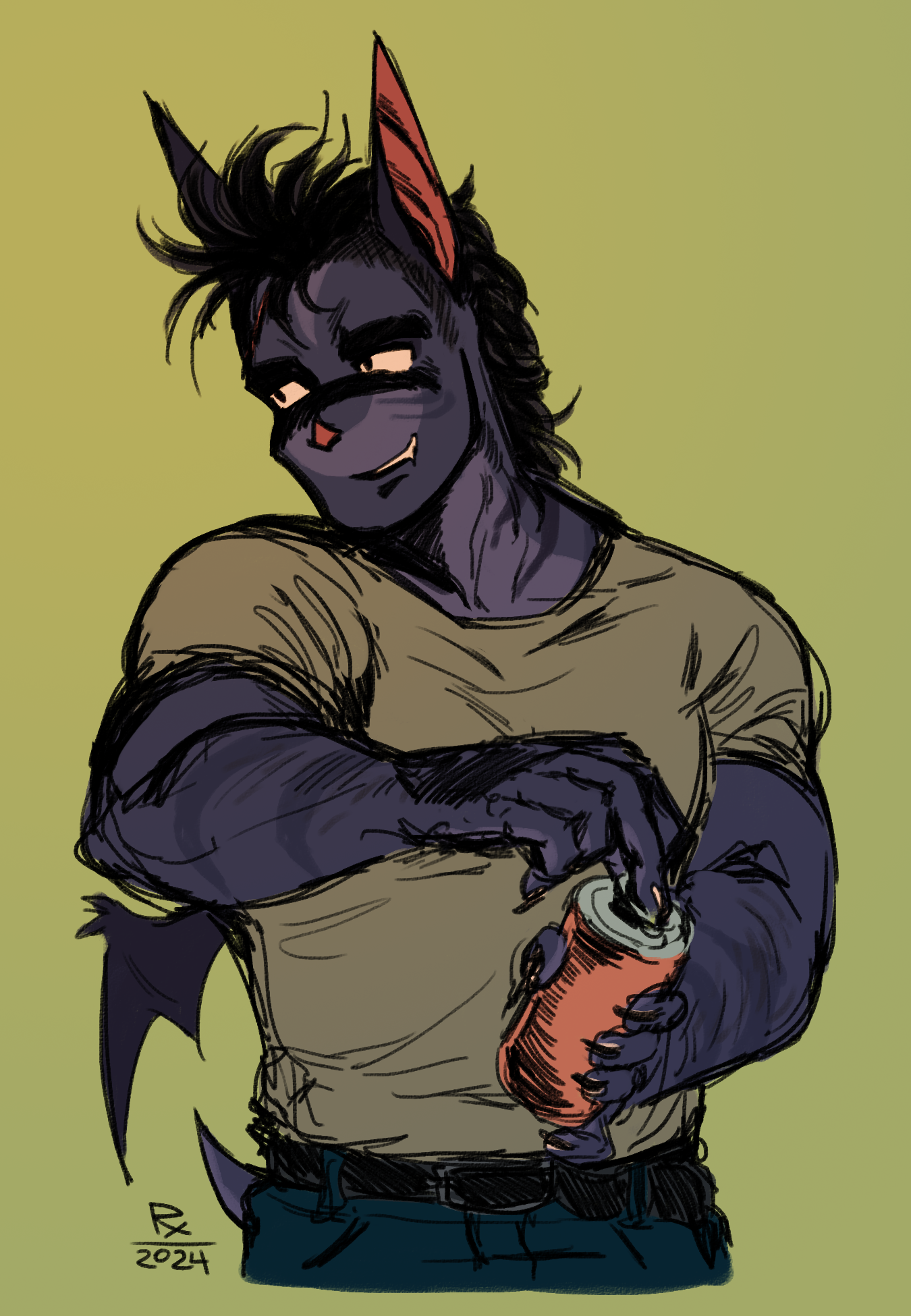 digital halfbody sketch of Linc. he is wearing his usual dirty gray shirt and blue jeans. he is looking offscreen to the left side and is holding a red soda can in his left hand, while opening it with his right. he is smiling sheepishly.